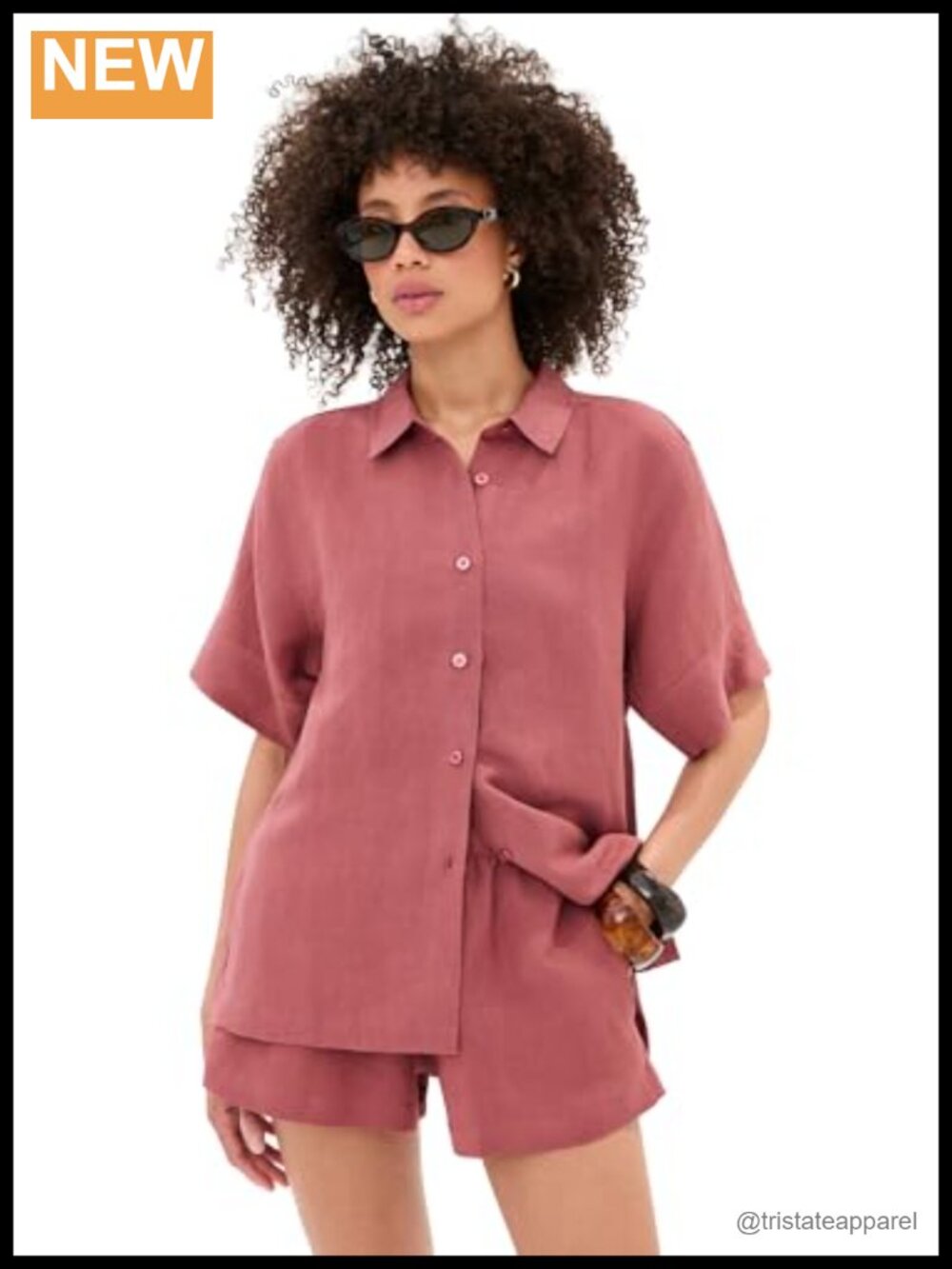LE BOP Women's Leila Button Down Shirt Linen Blend Short Sleeve